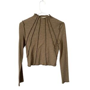 The Nines Crop Top Size Medium Ribbed Mock Neck Long Sleeve Exposed Seam Olive